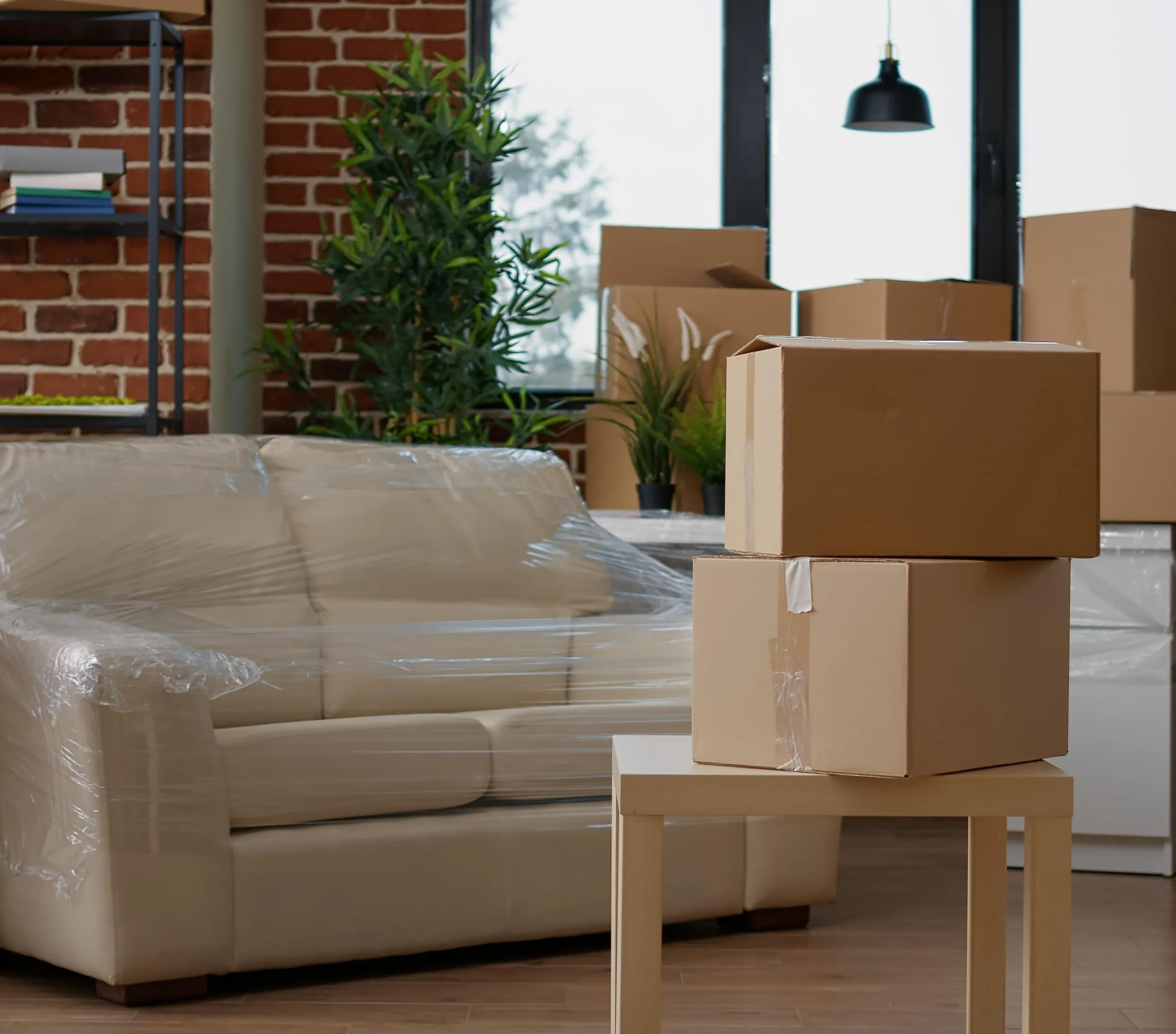Stue fylt med esker og plastdekket sofa for flytting.